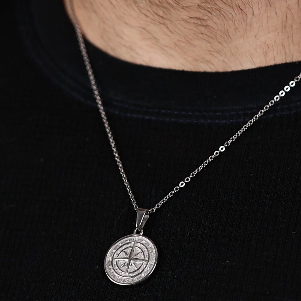 18k Gold Compass North Star Pendant Chain Mens Compass Necklace